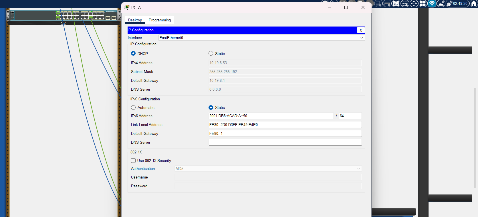 Configure the IP Configurations of PC-A on PKA